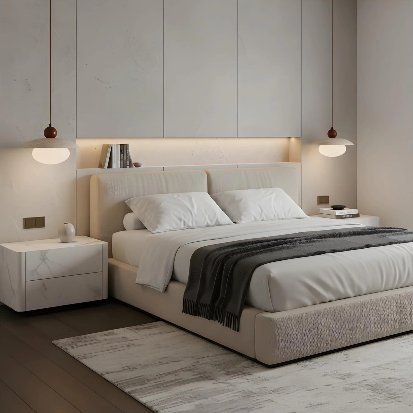 Two Solven pendant lights in modern bedroom beside wooden nightstands with warm glow