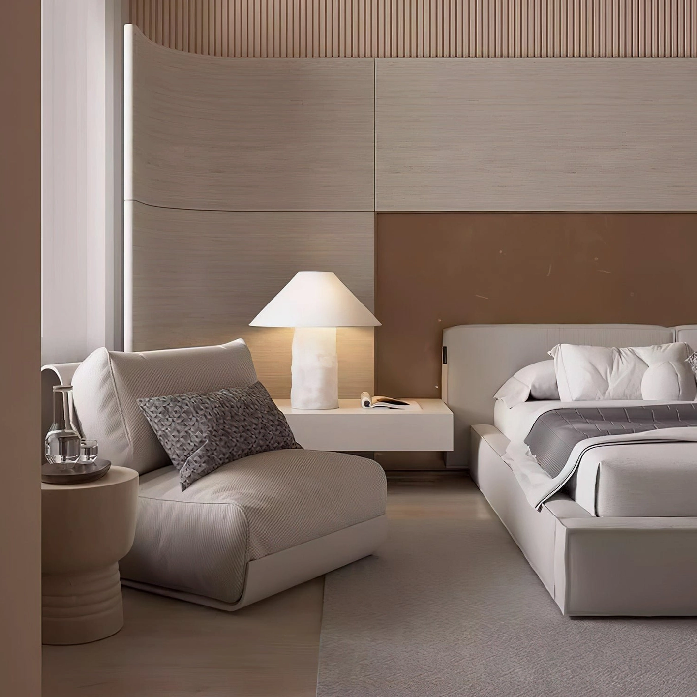 Modern bedroom with crinkled paper table lamp providing ambient lighting on nightstand