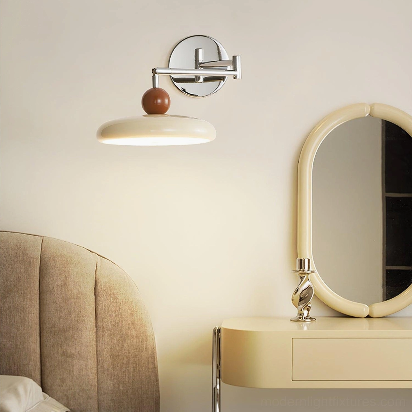 Contemporary plug-in wall lamp with white shade mounted on bedroom vanity mirror, mid-century modern bedroom lighting