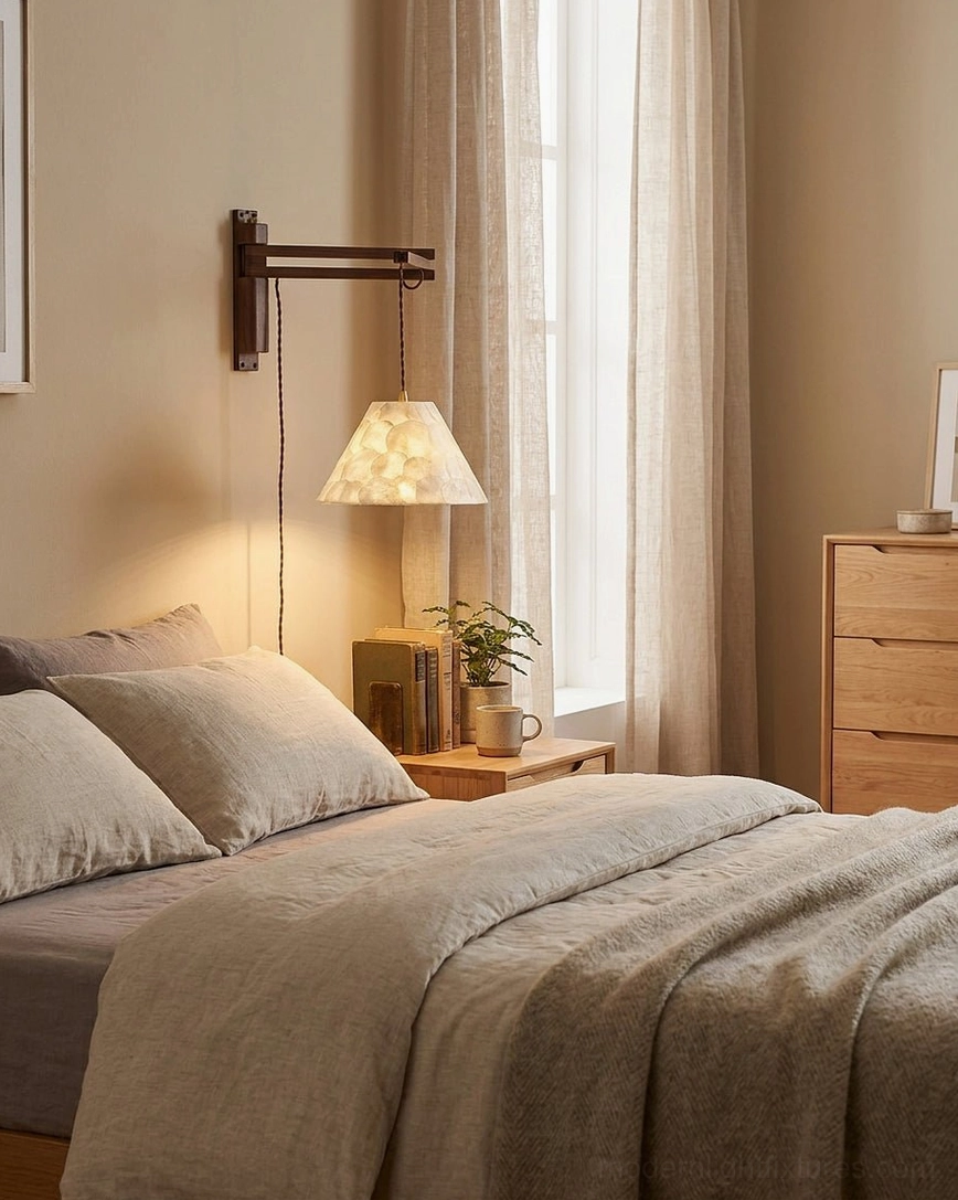 Bedside swing-arm sconce in master bedroom with king-size bed, Japandi minimalist decor style