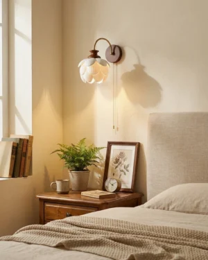 Hardwired ceramic wall sconce installed in modern bedroom beside wooden nightstand with warm ambient light glowing through layered porcelain petals