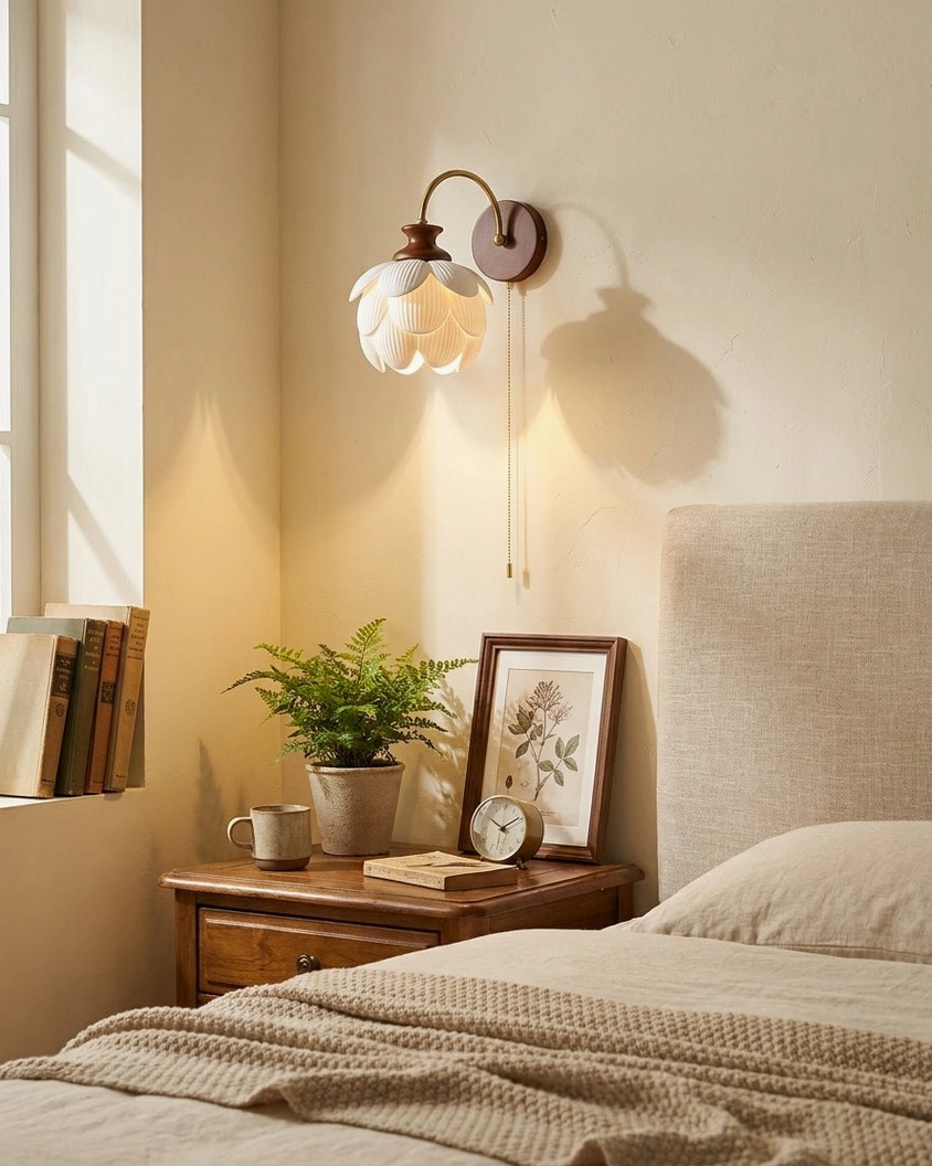 Hardwired ceramic wall sconce installed in modern bedroom beside wooden nightstand with warm ambient light glowing through layered porcelain petals