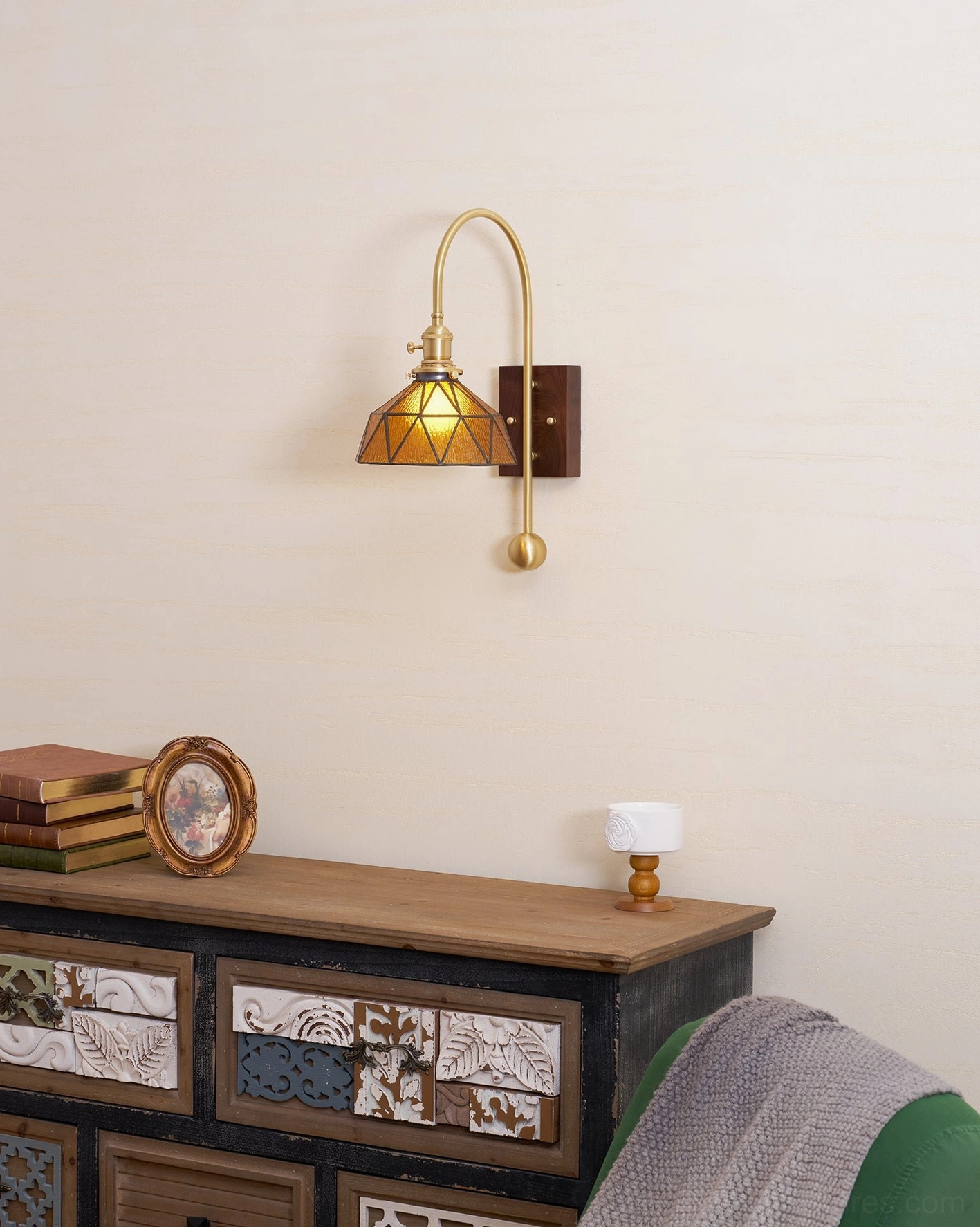 Bedroom reading nook wall sconce with soft ambient lighting and vintage charm