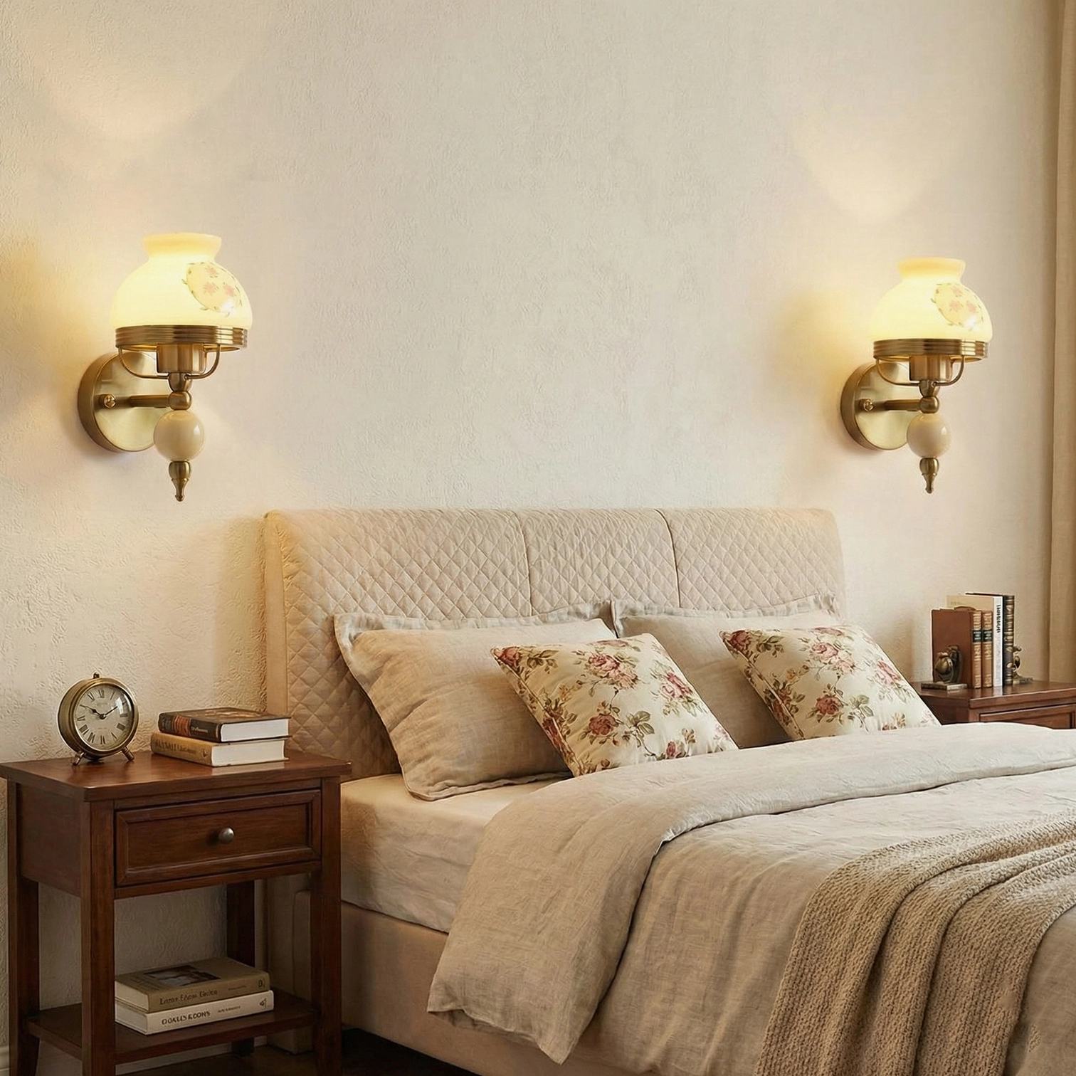 Twin vintage wall sconces flanking master bedroom headboard, warm glowing frosted glass with brass mounts