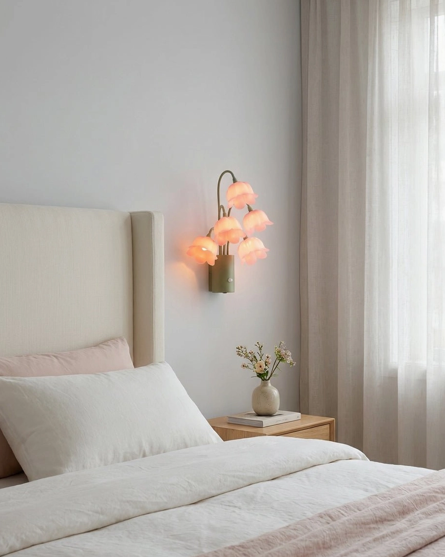 Bedside motion-sensor floral wall sconce casting warm illumination on minimalist master bedroom with tufted bed and side table
