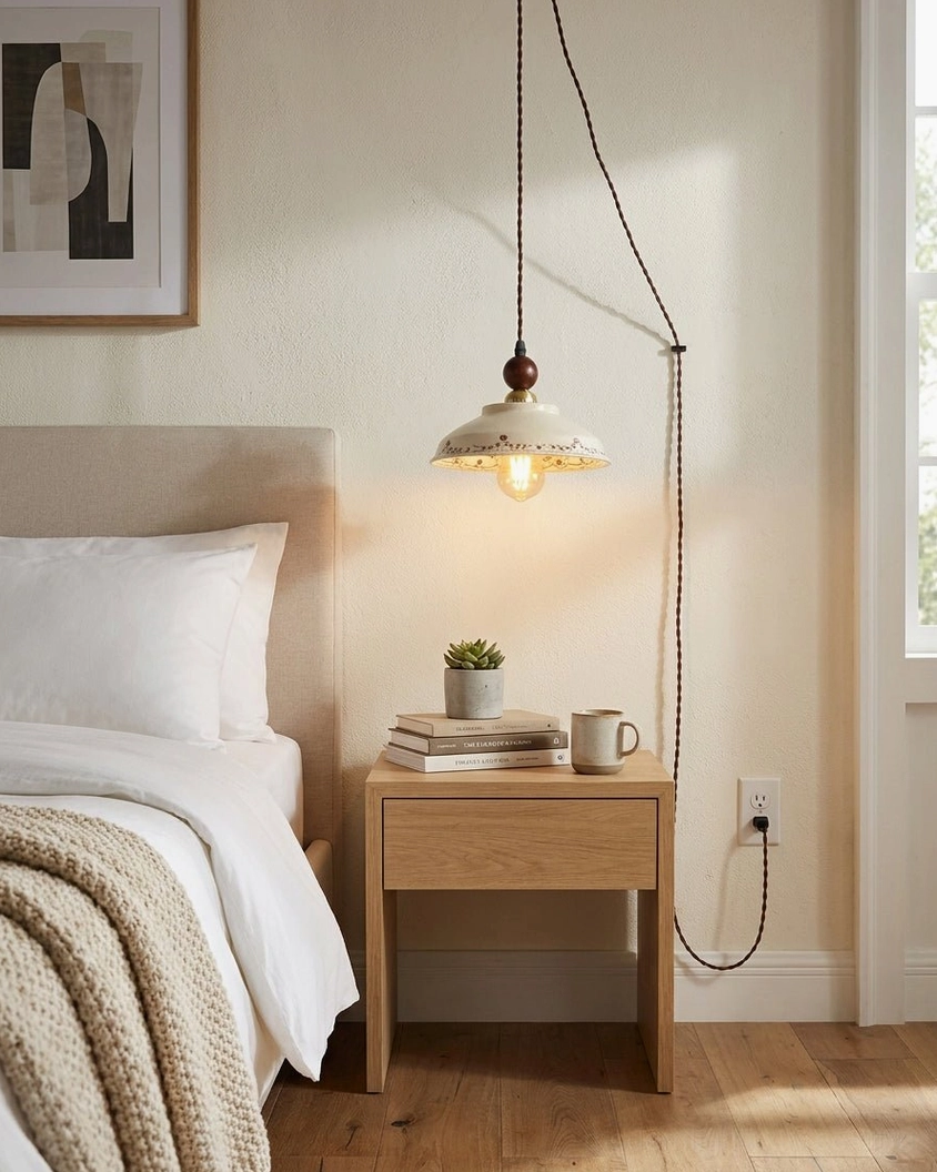 Bedside plug-in pendant light hanging above wooden nightstand in master bedroom, soft intimate illumination for reading and task lighting