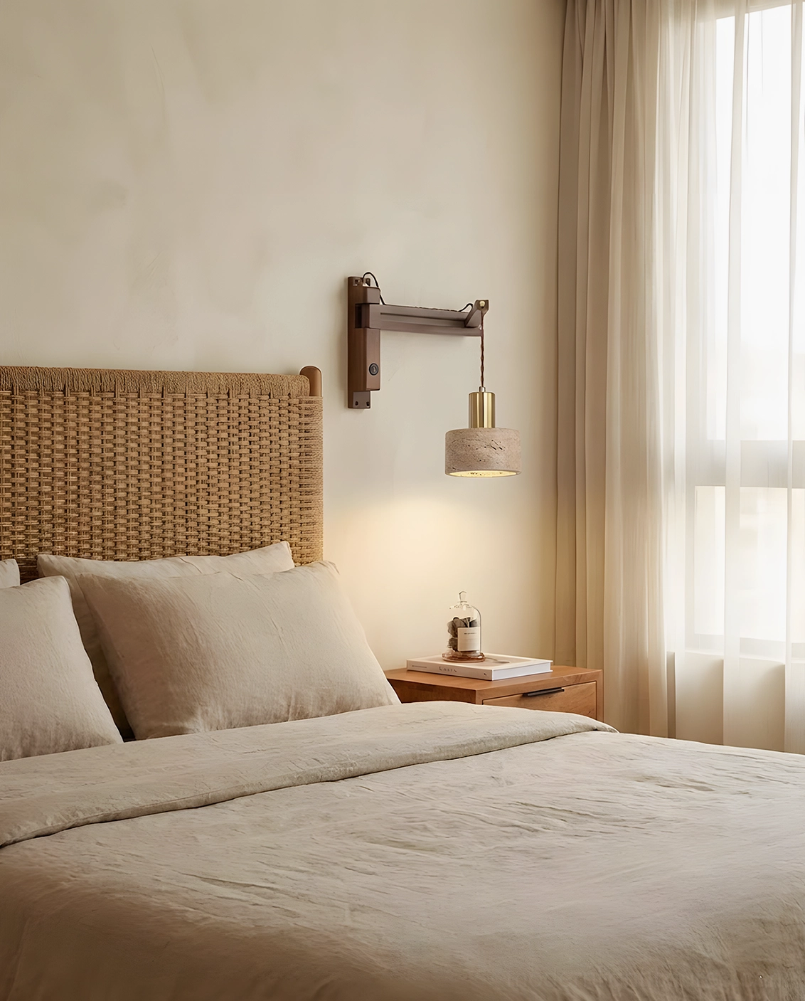 Adjustable swing arm wall sconce in bedroom setting with natural window light, warm minimalist muted tone decor