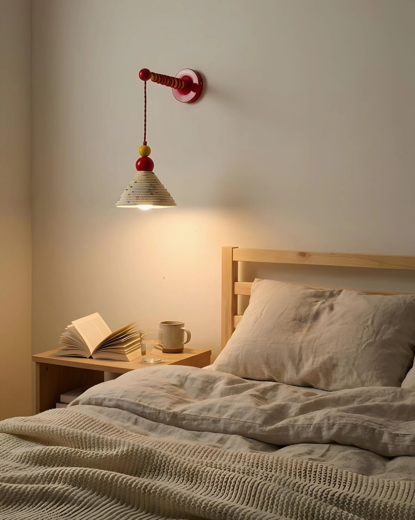 Master bedroom bedside wall sconce with hand-woven shade illuminating wooden bed and nightstand furniture