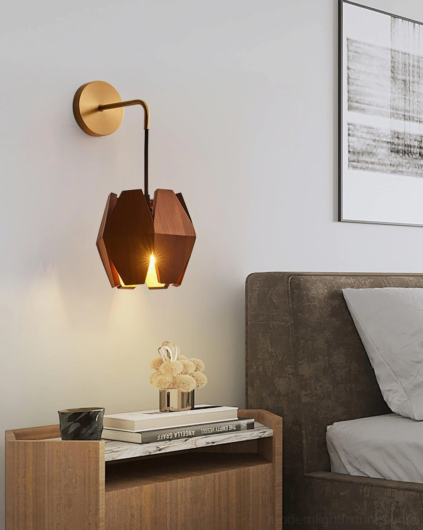 Faceted wood wall sconce bedside lamp above wood nightstand in modern bedroom