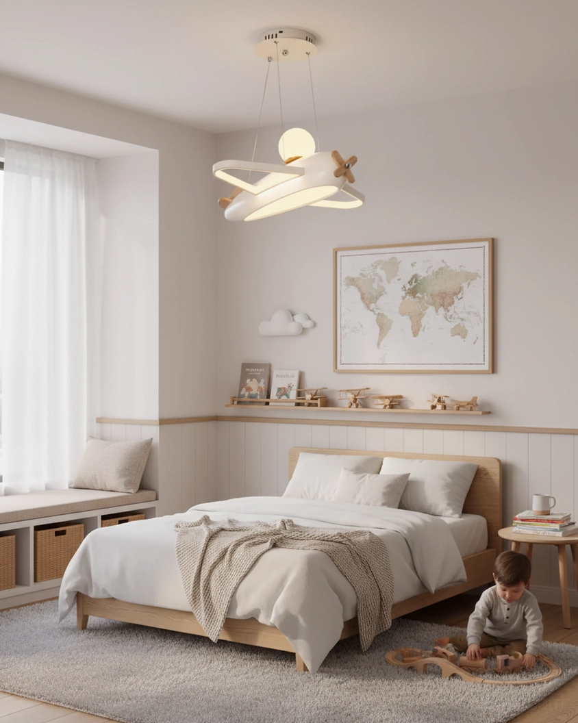 Beige colored airplane pendant light fixture showing warm 3000K integrated LED illumination in kids room setting