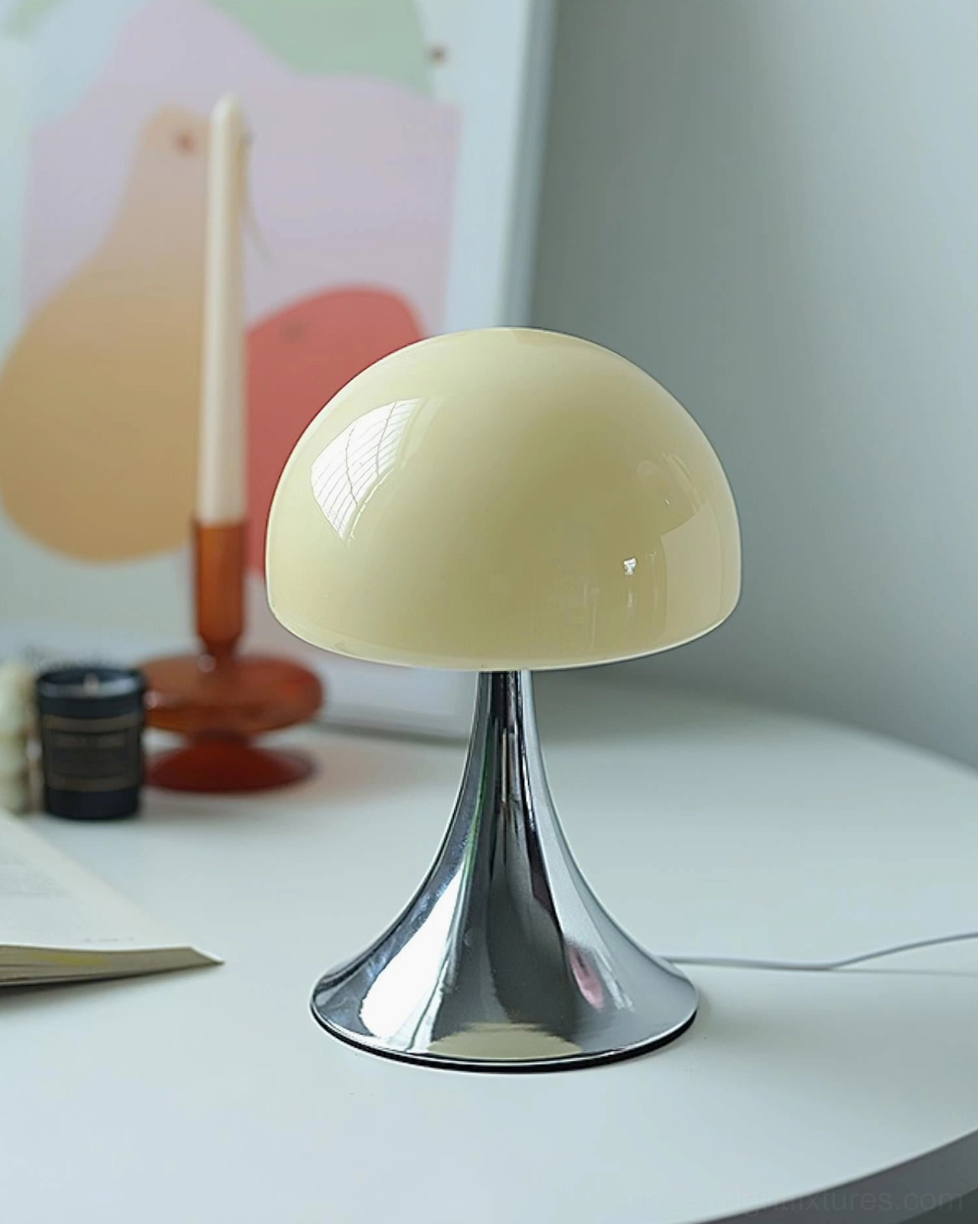 Cream Beige Mushroom Table Lamp on Home Desk - Warm Pastel Minimalist Style
