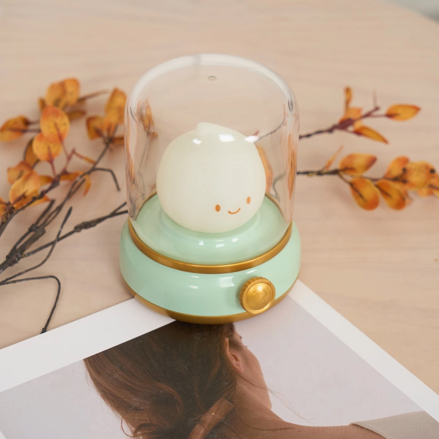 Beige Flame LED small night light angle view, warm 3000K ambient lighting, ABS PMMA materials