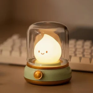 Beige Flame LED bedside lamp on desk with mechanical keyboard, warm ambient lighting, modern home office