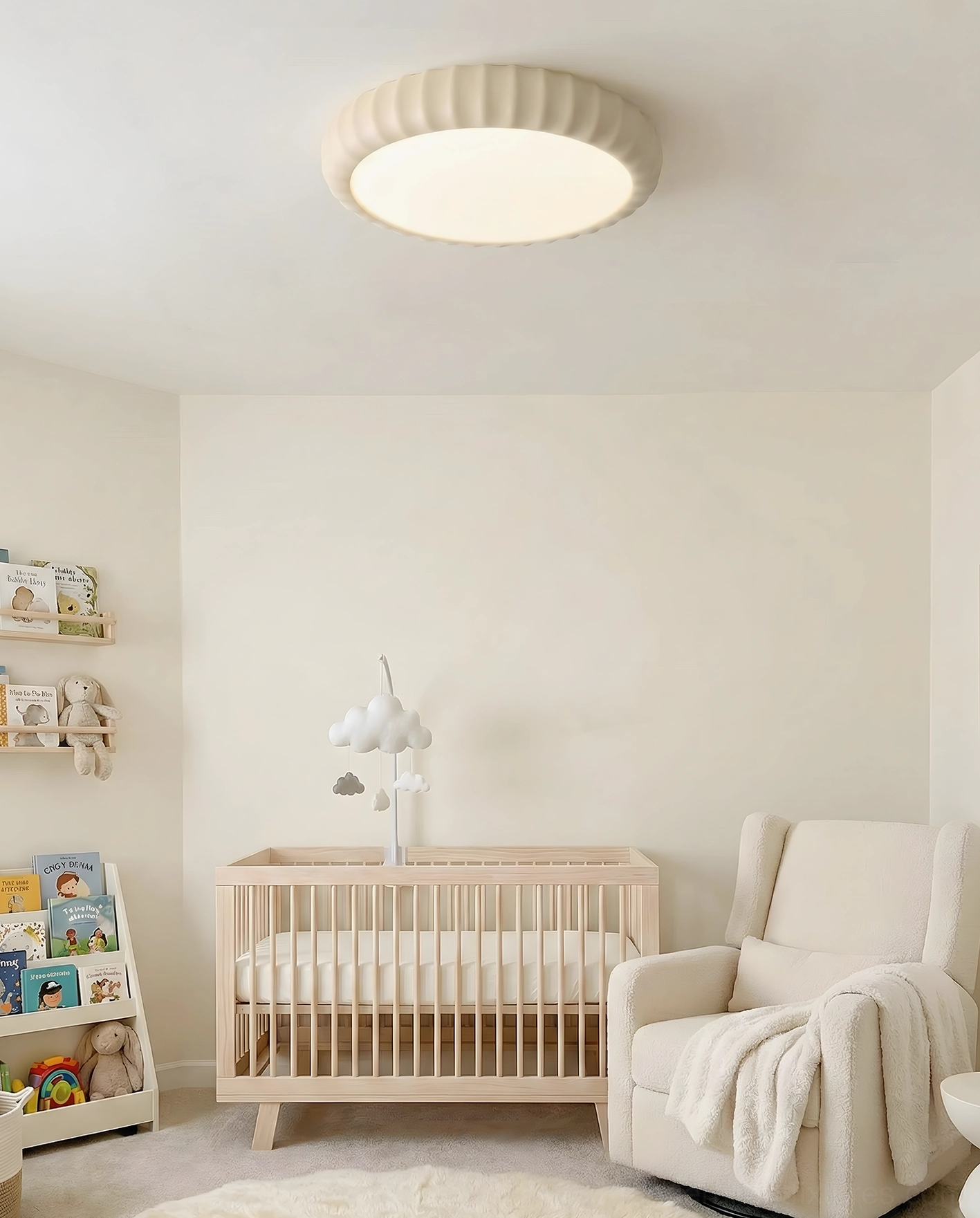 Creamy beige ribbed ceiling light in nursery bedroom - soft warm lighting for baby room