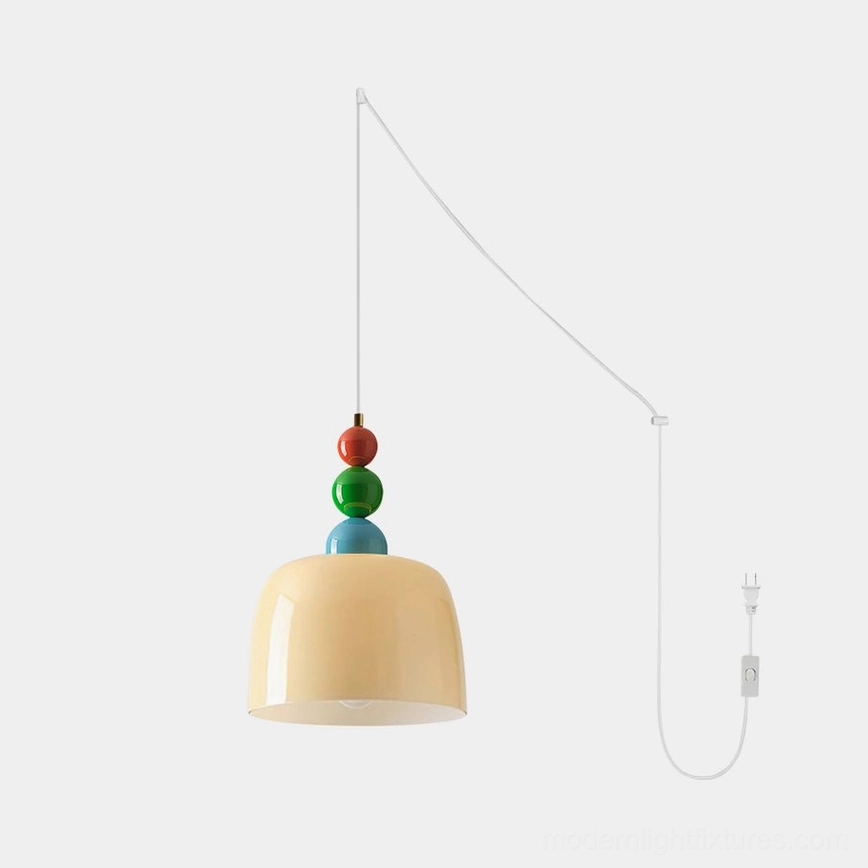 Beige frosted glass dome pendant lamp with vibrant stacked beads, studio front view on white background
