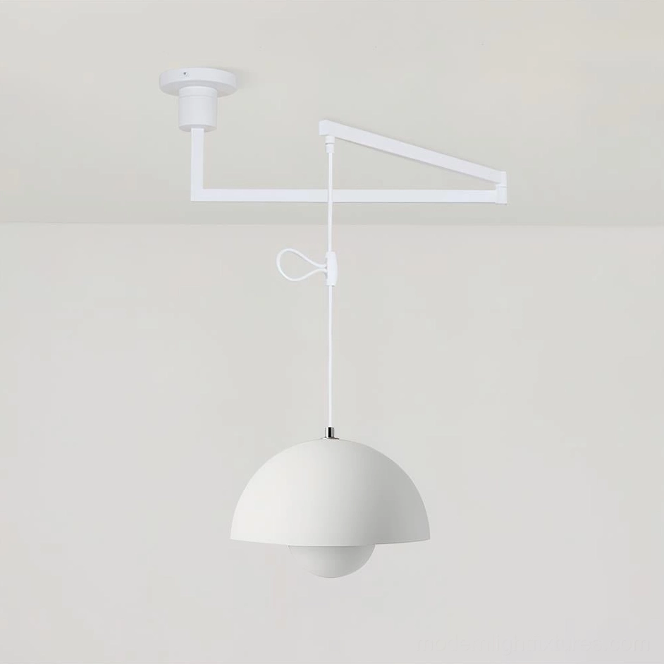 Beige gray adjustable swing arm pendant light neutral tone dome shade