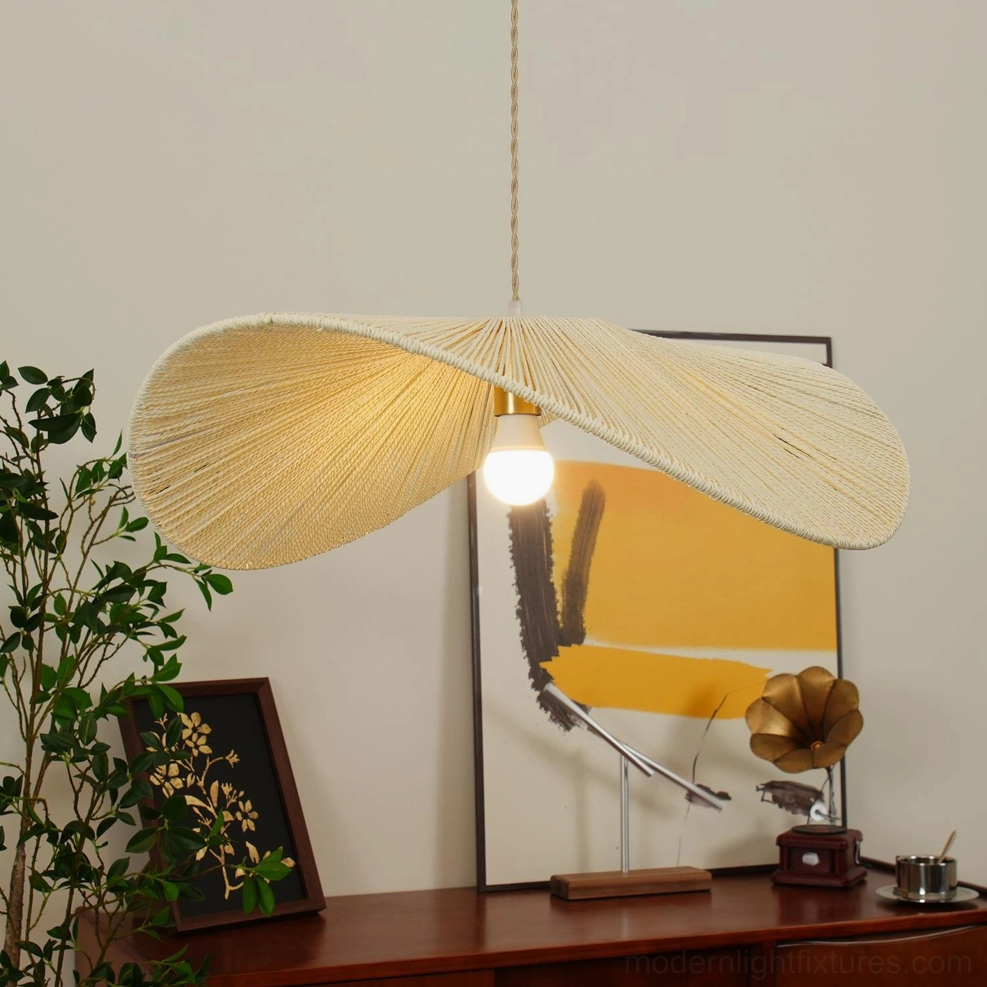 Beige hemp rope straw hat style pendant light with soft diffused illumination in living space