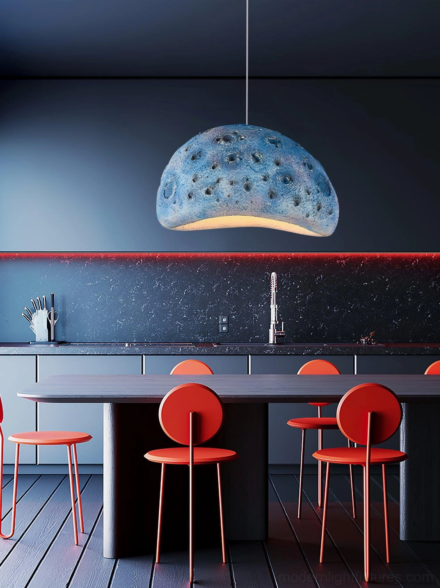 Beige meteorite crater pendant light in gallery or retail space as sculptural statement piece