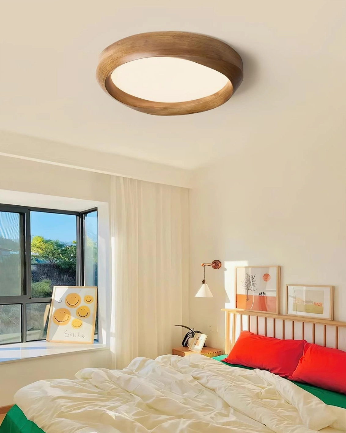 Contemporary circular ceiling light in beige warm minimalist Nordic design aesthetic