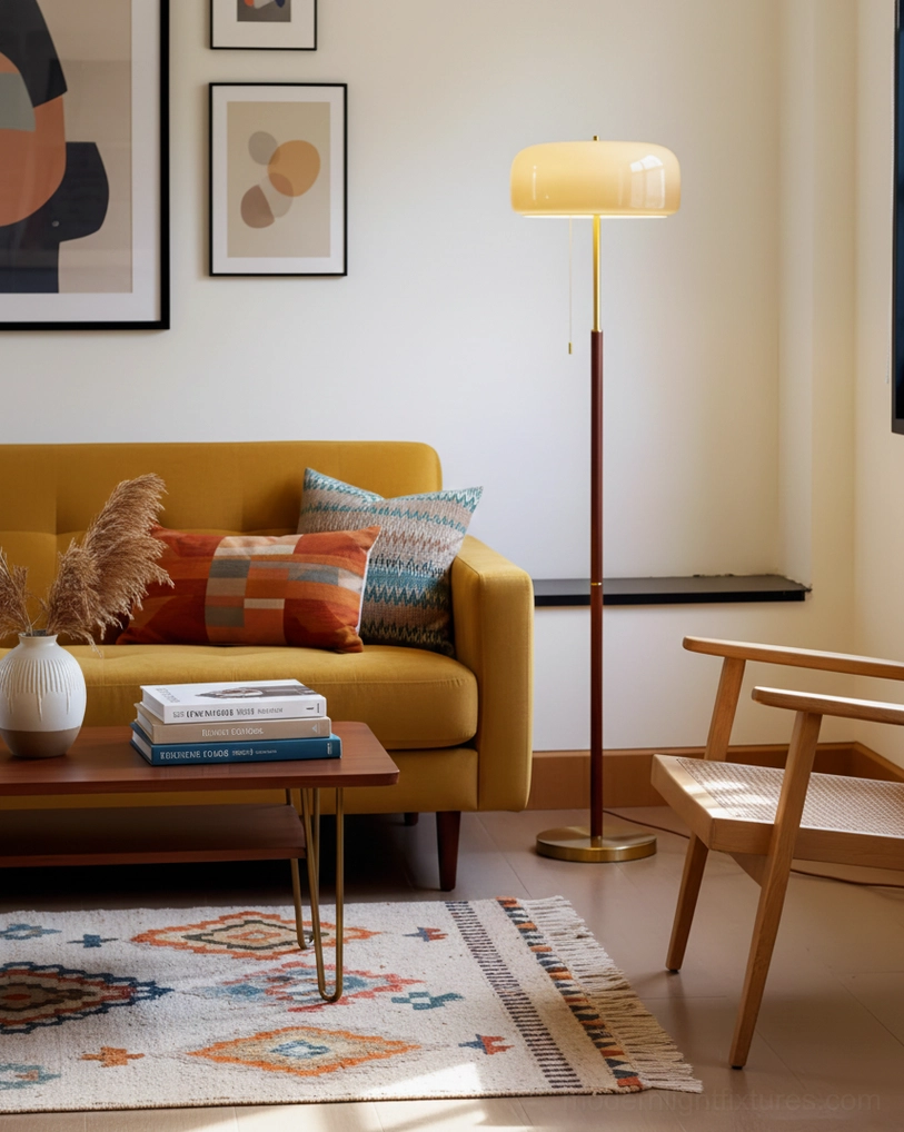 Warm beige mushroom floor lamp creating cozy ambiance next to yellow sofa and coffee table in living room