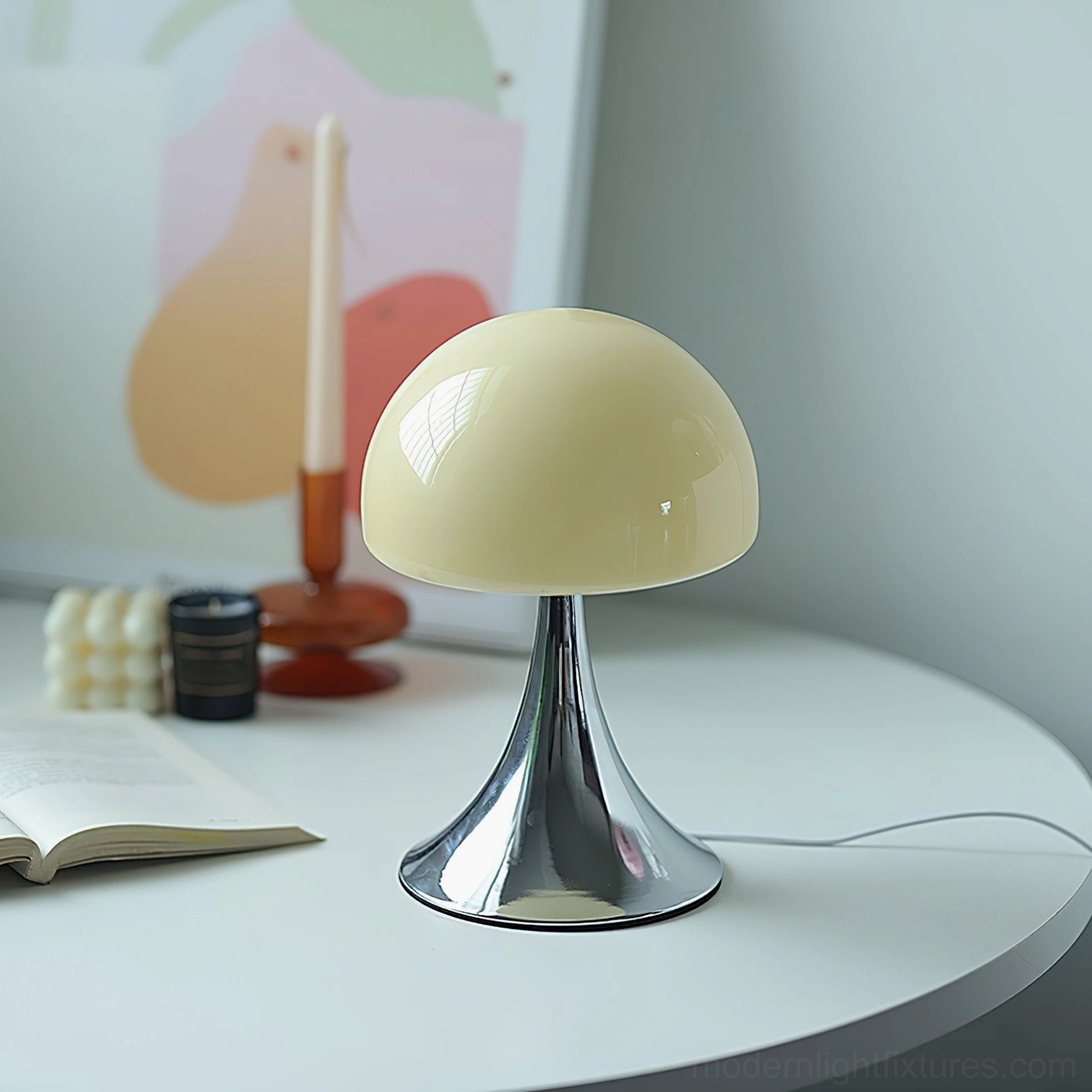 Beige Mushroom Table Lamp in Studio Setting - Soft Neutral Tone Minimalist Fixture