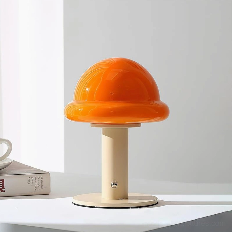 Beige and orange mushroom cordless lamp showing warm welcoming color palette on home office workspace