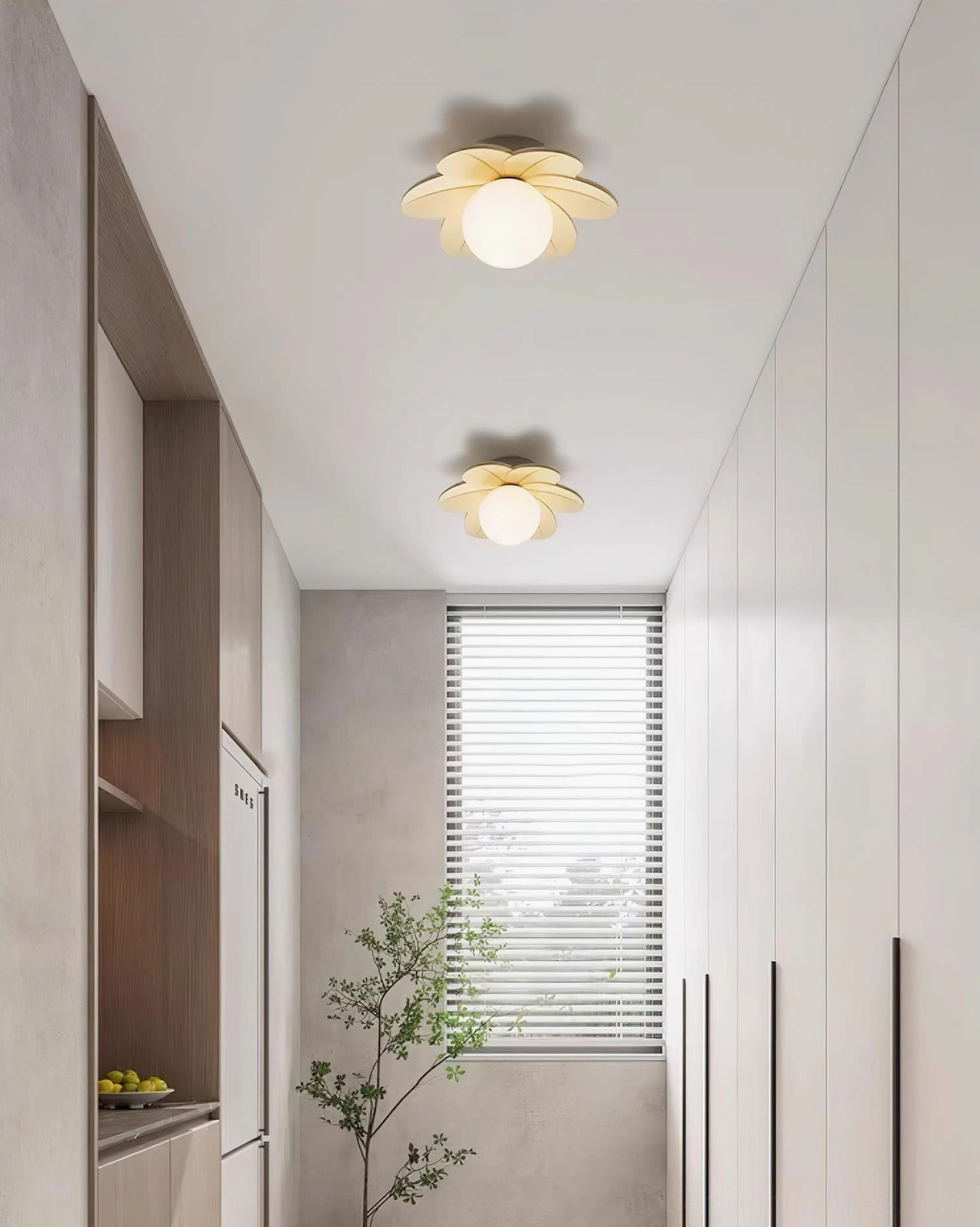 Beige petal flower ceiling light installed in minimalist warm kitchen hallway with neutral decor