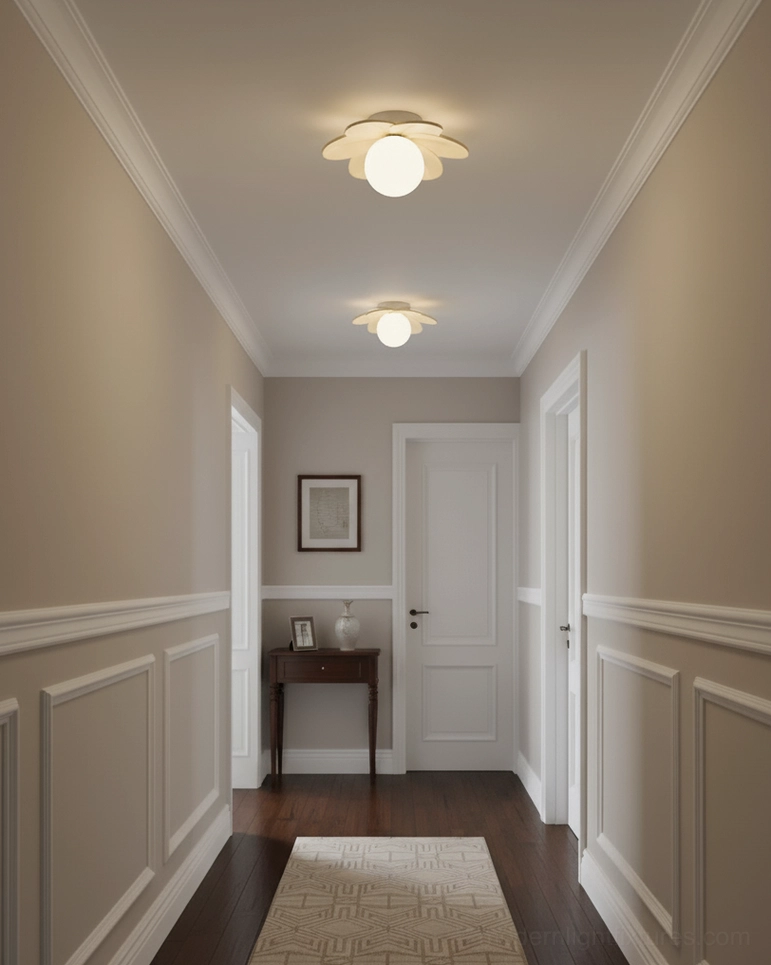 Neutral tone petal flower ceiling lights in traditional wainscot hallway with warm ambient lighting and vintage character