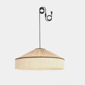 Beige pleated fabric pendant light with brown fringe tassel, studio product shot against white background, hanging pendant lamp design