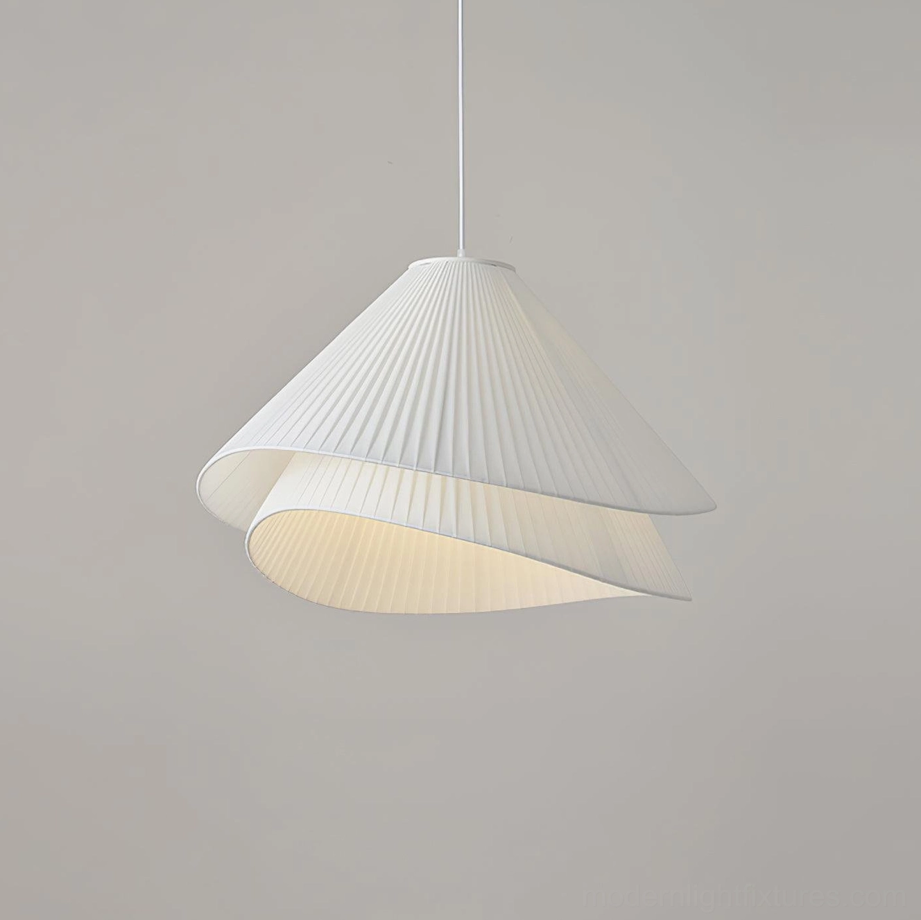 Beige pleated pendant light shade, detailed close-up of fabric finish and pleat construction