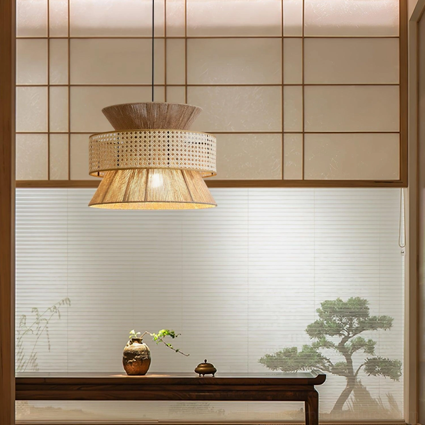 Rattan pendant lamp with layered tower-shaped shade in beige oriental wabi-sabi design