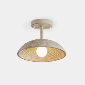 Beige ribbed bowl ceiling light fixture with semi-flush mount design and distressed stone finish - modern farmhouse lighting