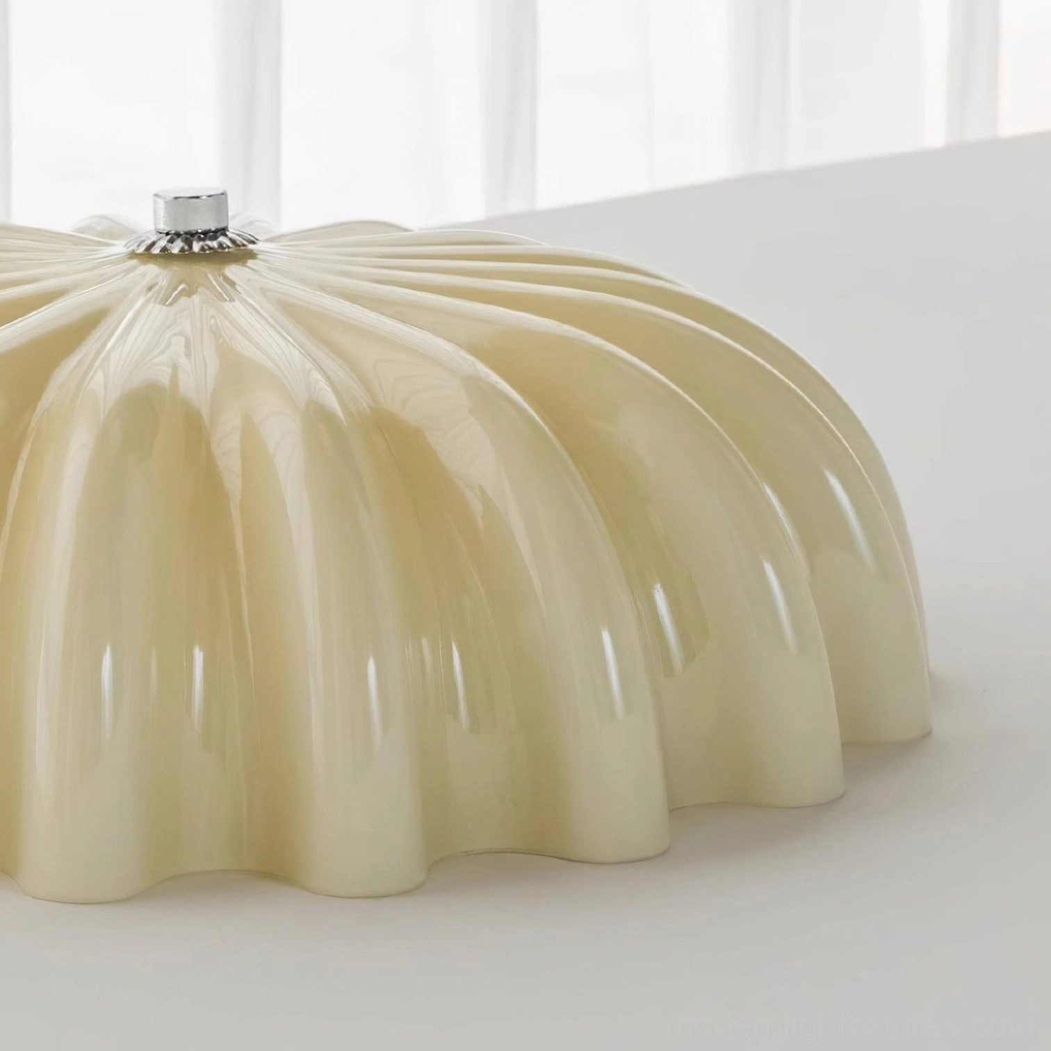 Beige jelly shell ceiling light fixture shown in various interior room settings and applications