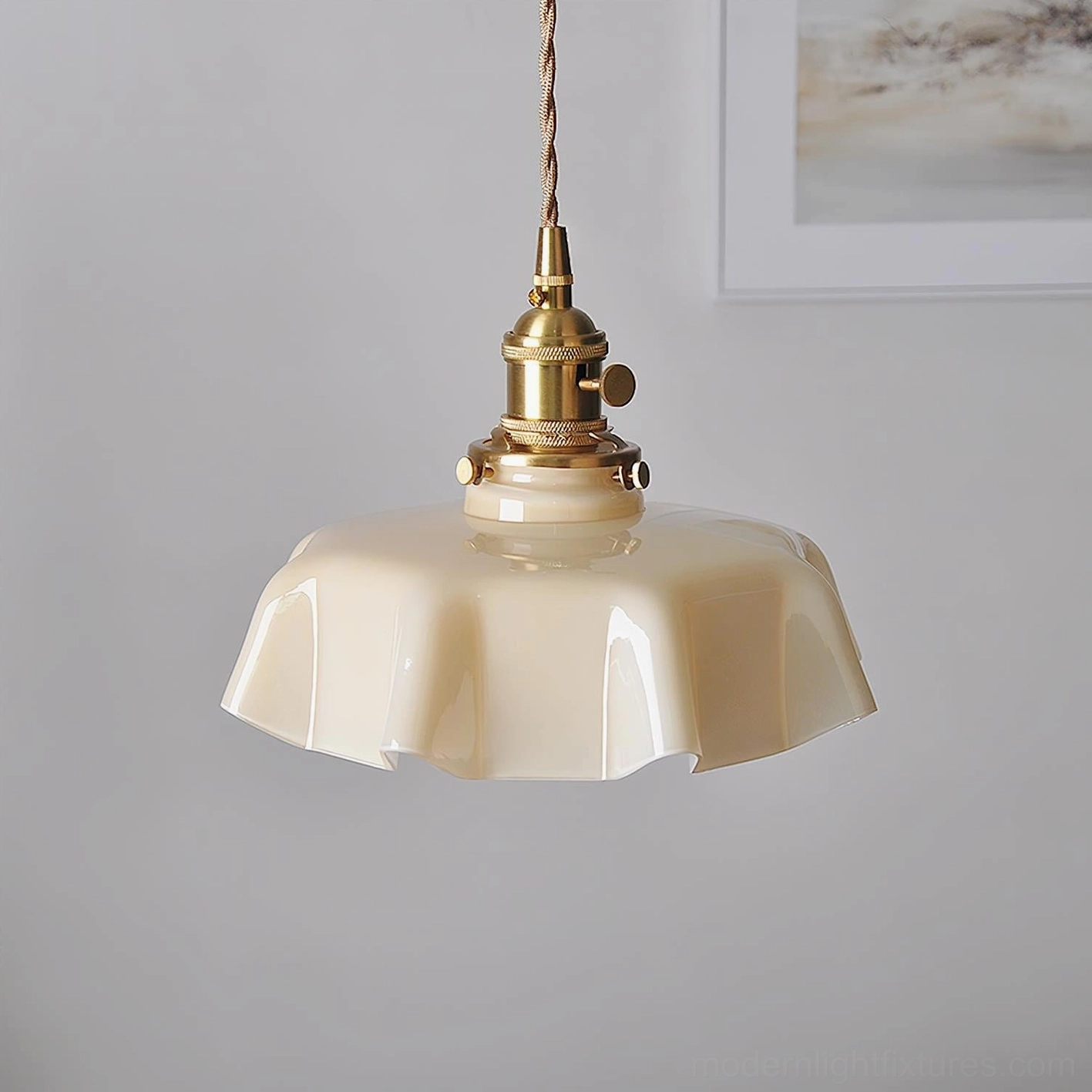 Beige glossy skirted pleated glass pendant lamp with brass hardware, smooth surface and modern design
