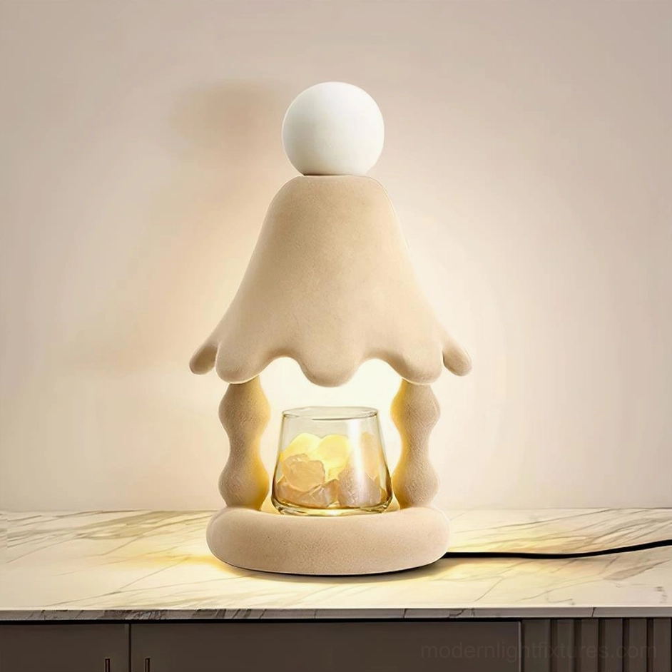 Beige Stacy candle warmer table lamp in tall 33cm size, elegant proportions and soft neutral color palette shown