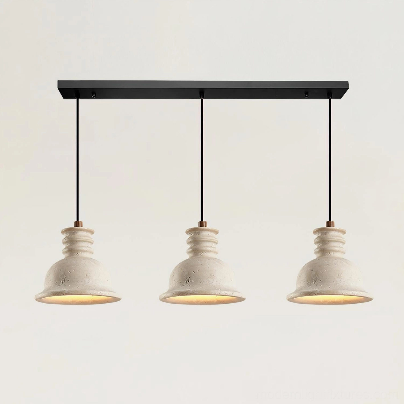 Beige 3-head travertine pendant chandelier full length installation showing L 80cm x H 150cm linear suspension configuration