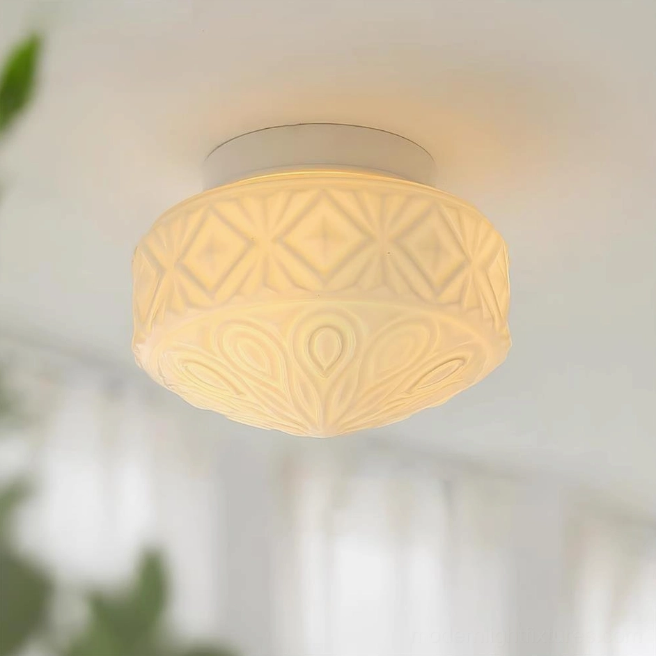 Beige vintage carved glass ceiling light fixture with embossed scroll pattern, warm neutral finish option showcase