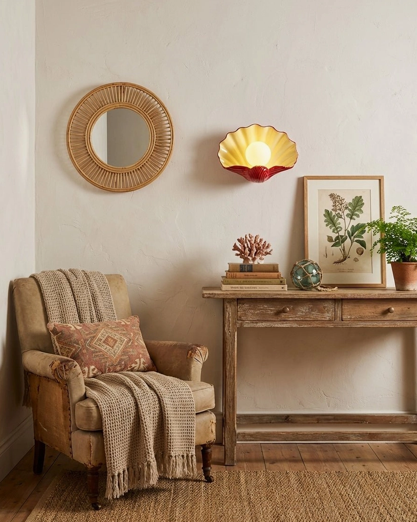 Beige and white ceramic scallop wall lamp variant, two-tone coastal wall sconce with rippled shell design