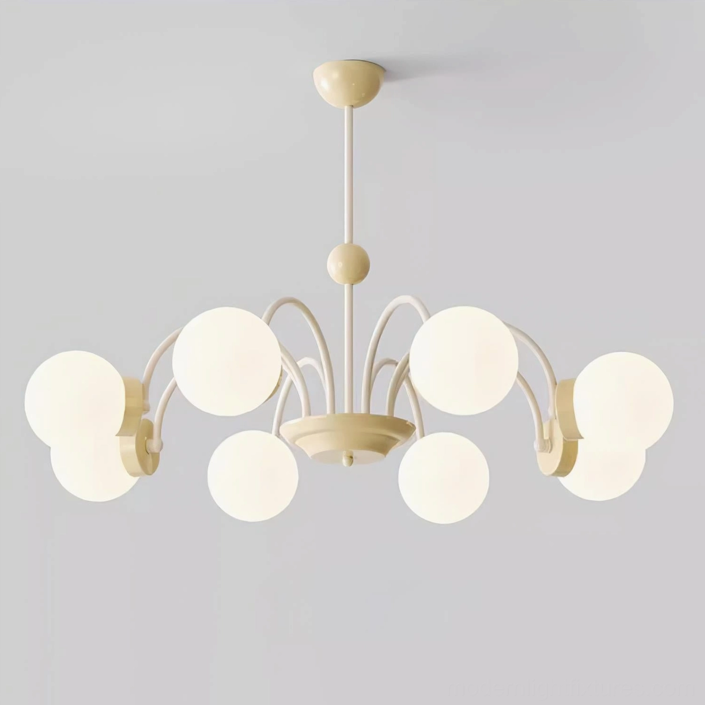 Beige and white globe chandelier, mid-century modern design with frosted glass spheres