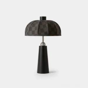 Belane modern table lamp with checkered pattern shade and matte black tapered wooden base, minimalist retro design with polished metal sphere accent on white background