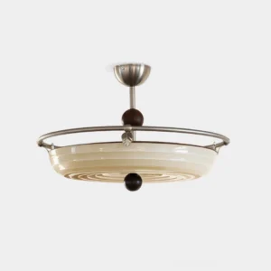 Belden mid-century modern semi-flush ceiling light fixture with brushed nickel hardware and ribbed beige glass shade close-up studio view