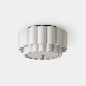 Beline fluted fabric ceiling lamp with two-tiered scalloped white shade and dark metal canopy on white background - modern sculptural light fixture
