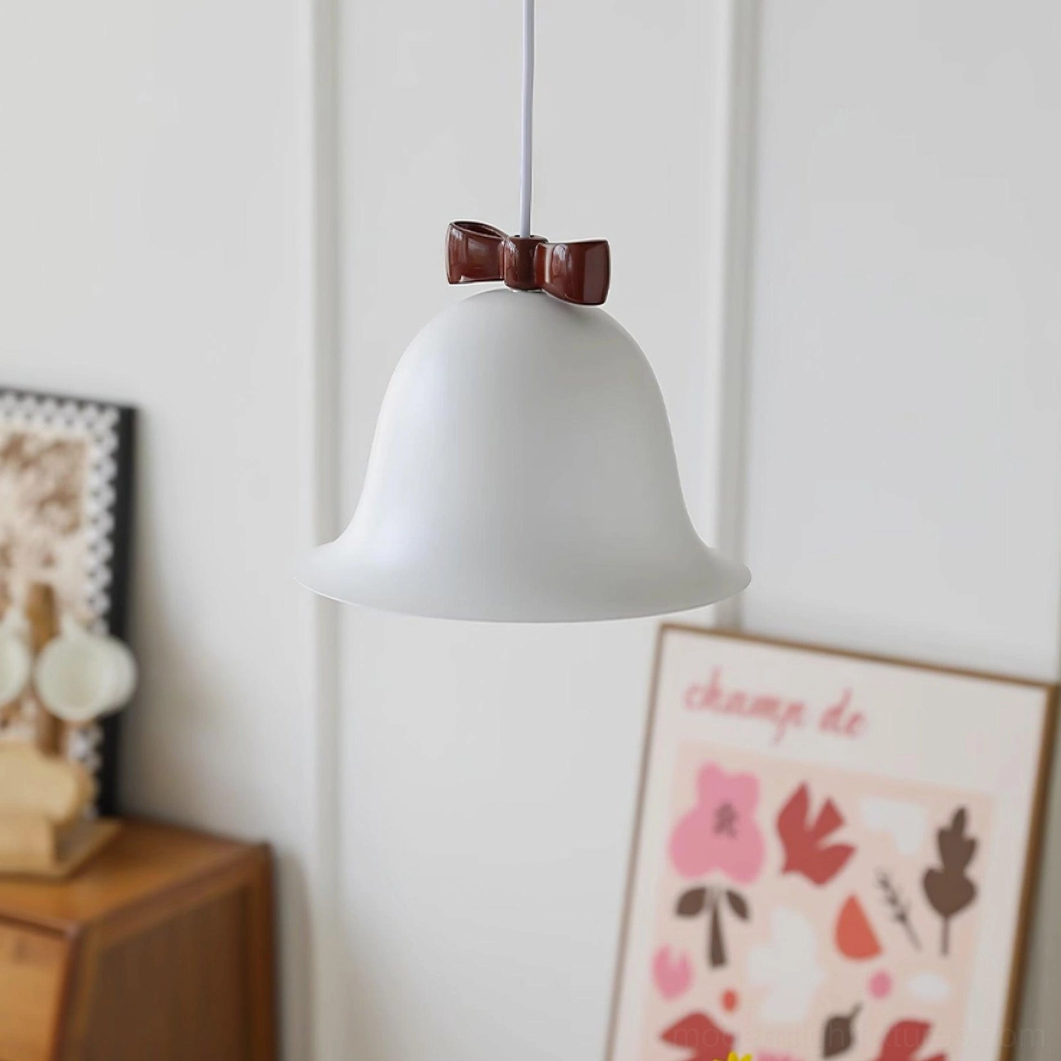 Bell pendant lamp showing adjustable cord length and mounting hardware details