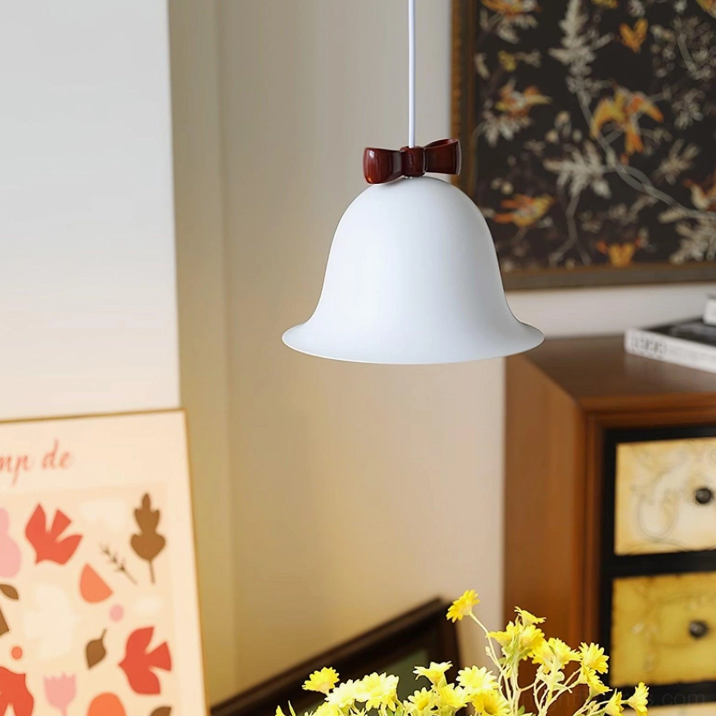 Bell-shaped ceramic pendant lamp showing color depth and gloss finish detail photography