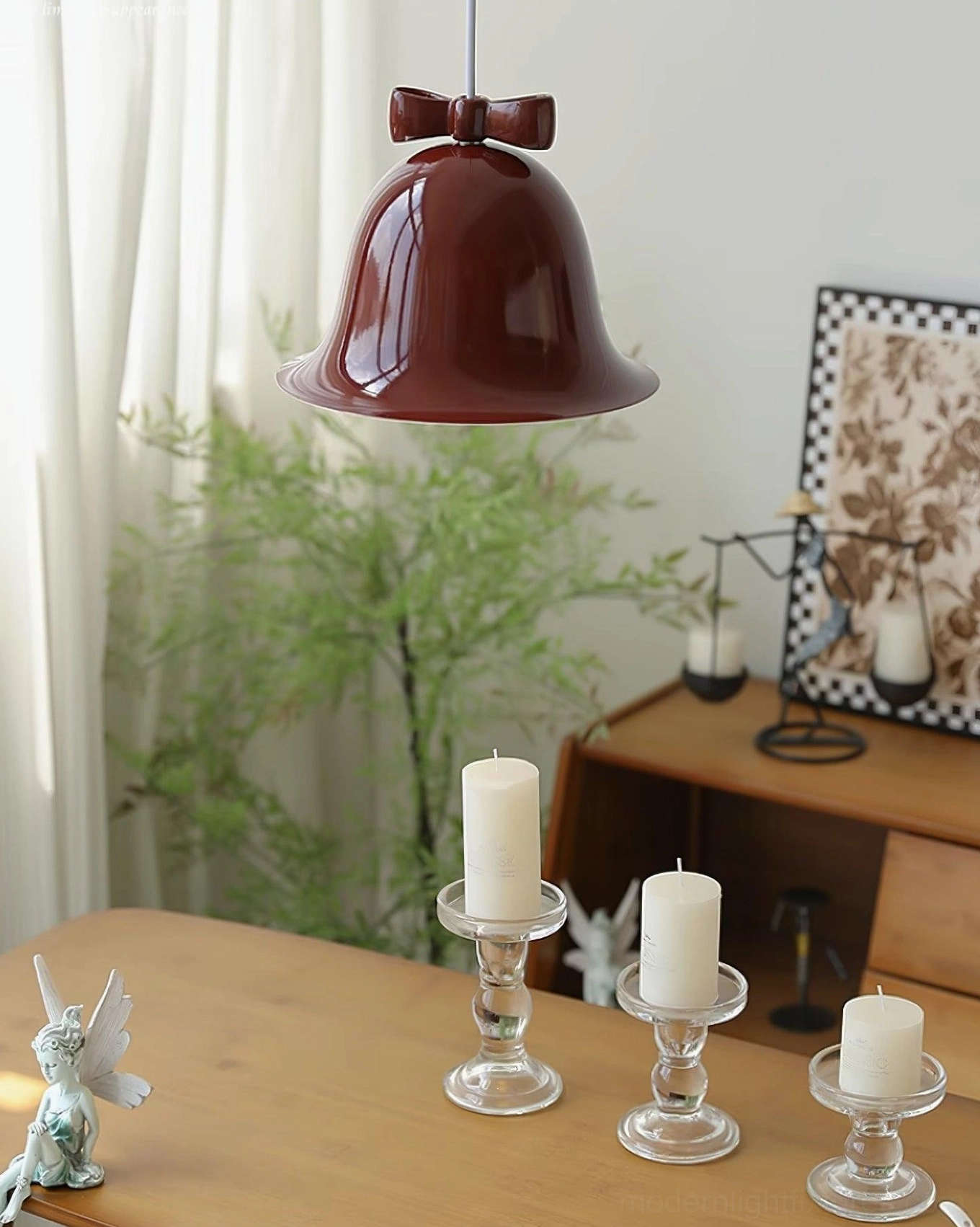 Ceramic bell-shaped pendant light in entry hallway with statement design focus photography