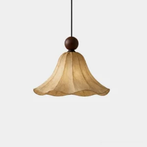 Bell pendant light with handmade rice-paper shade and dark wood ball finial, front overhead view showing scalloped wavy edge and natural fiber veining