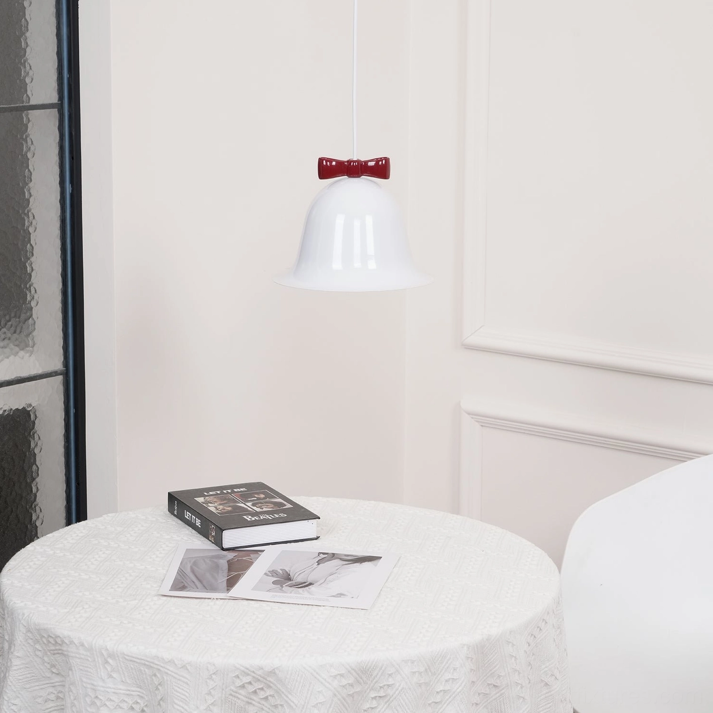 Bell pendant lamp ceramic shade with bow ornament product photography gallery view