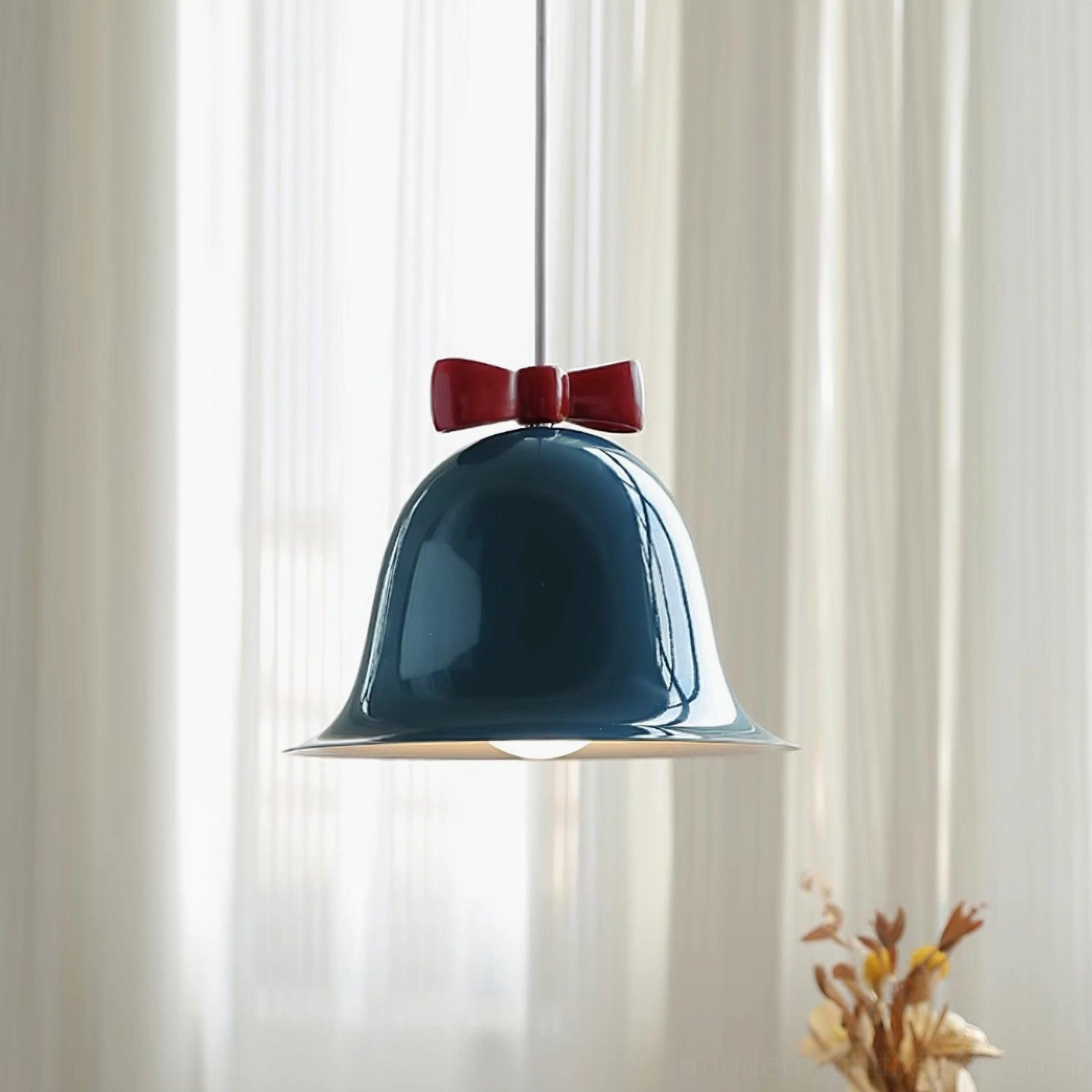 Ceramic bell-shaped hanging pendant light in soft color option home styling photography