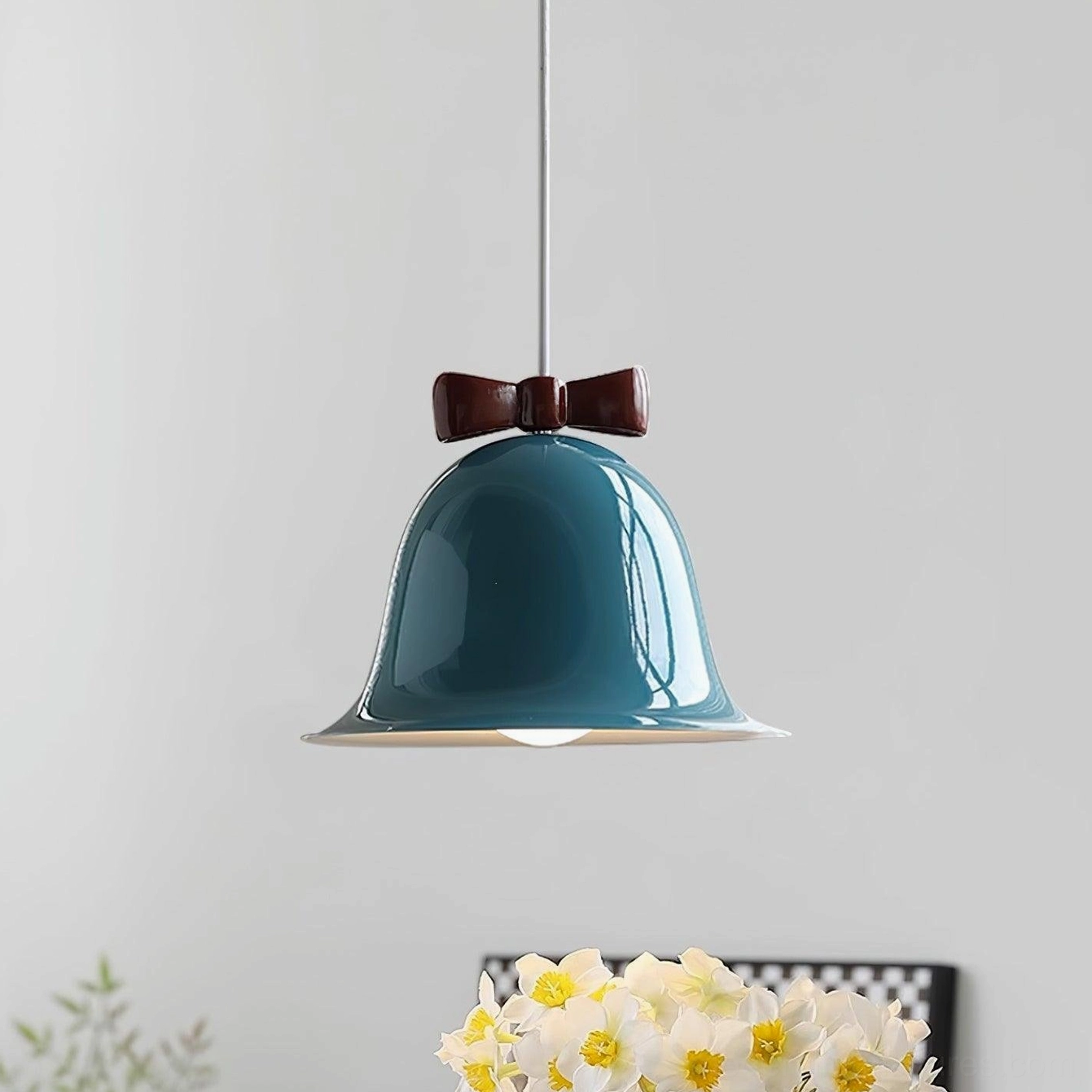 Ceramic bell-shaped pendant lamp in soft color palette contemporary home design setting