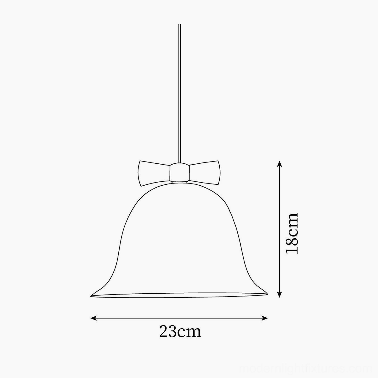 Orthographic schematic line drawing of ceramic bell pendant lamp showing 23cm diameter and 18cm height dimensions